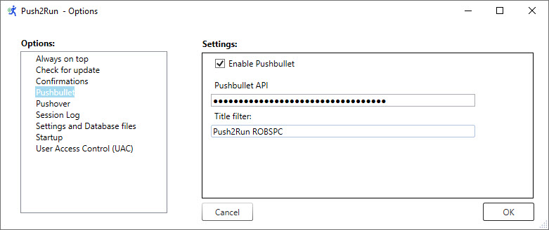 Push2Run Pushbullet Options window